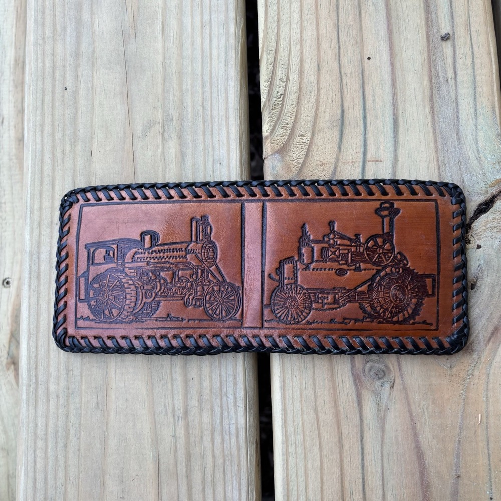 Vintage Leather Wallet Hand Tooled Bi-Fold Handmade Whipstitch Steam Engine